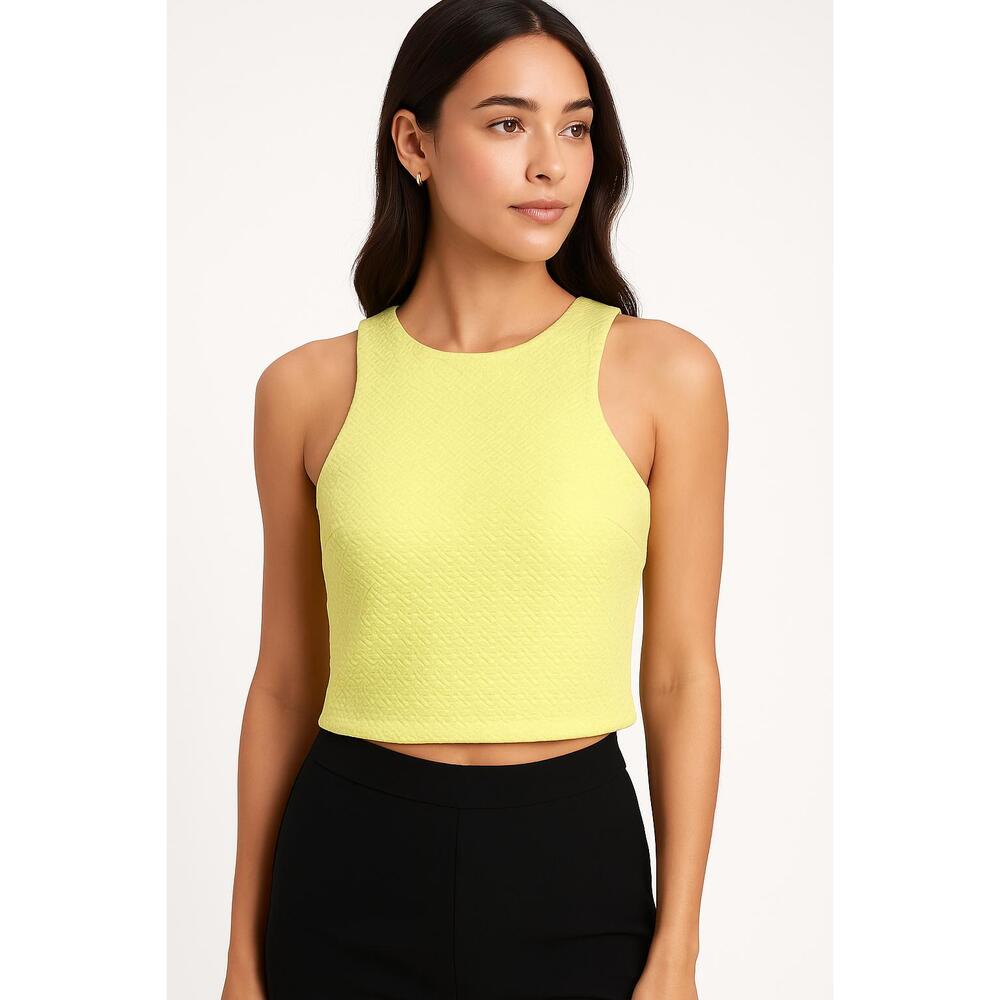 LuLus Top Womens Large Yellow Crop Top Sleeveless Textured Back Zipper‎ Chic